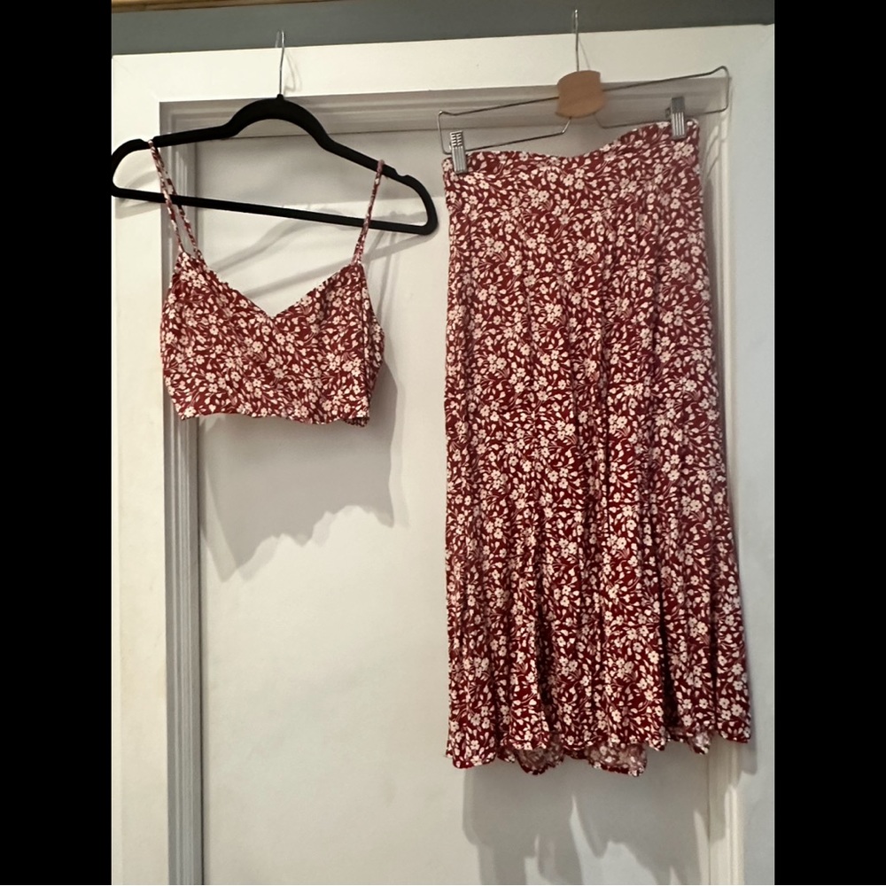 Reformation Red Floral Top and Skirt Set, Size XS
